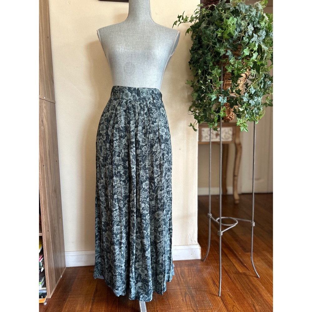 VTG Retro Jones New York Maxi Skirt Womens 6 Green Floral Pleated Secretary